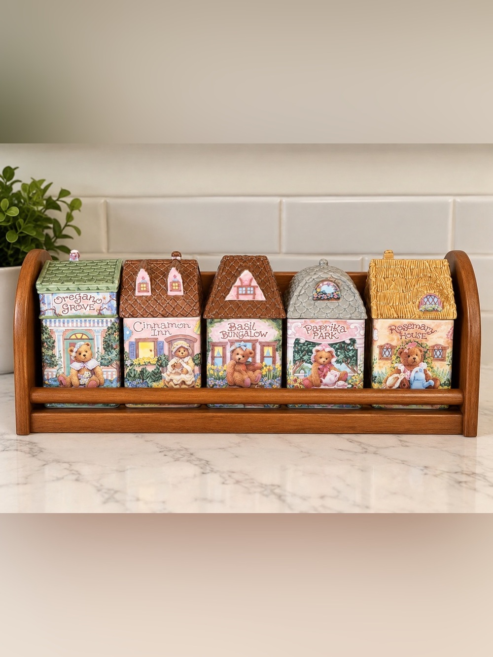 ‘97 Cherished Teddies Spice Jar Village Enesco Set 5 Priscilla Hillman no rack